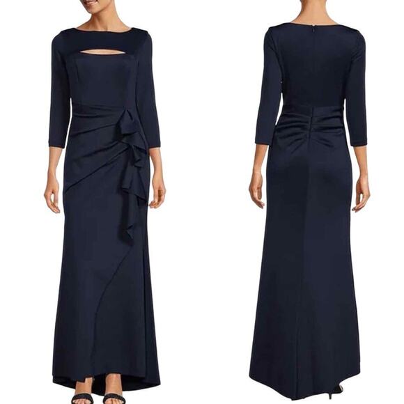 Xscape Boat Neck Long Sleeve Cut-Out Ruched Side Bow Gown Size 14W - Picture 5 of 9